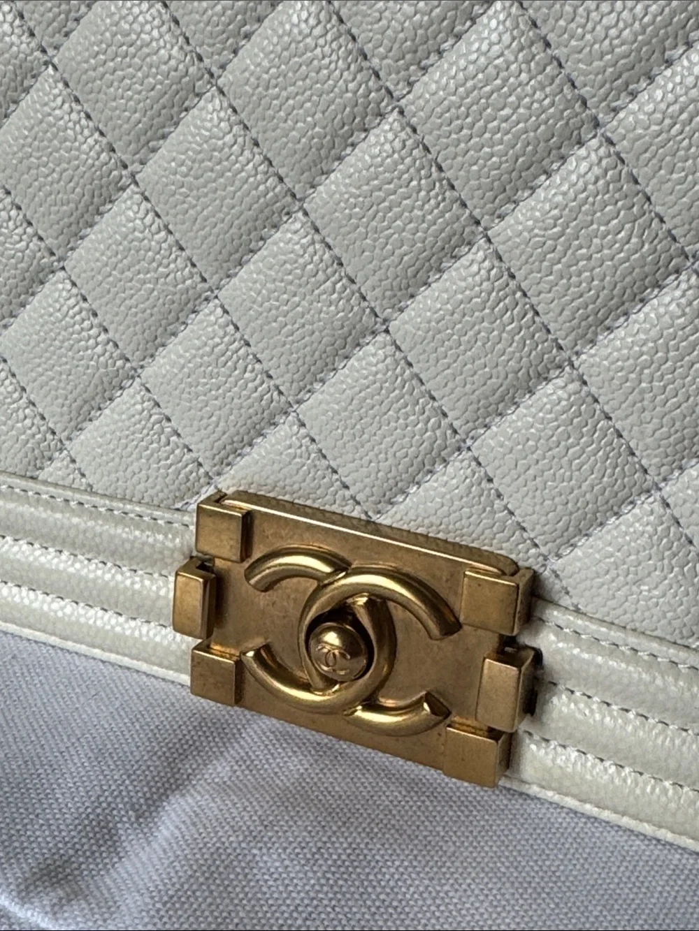 CHANEL Off White  Quilted Boy Shoulder Bag with Gold Hardware
